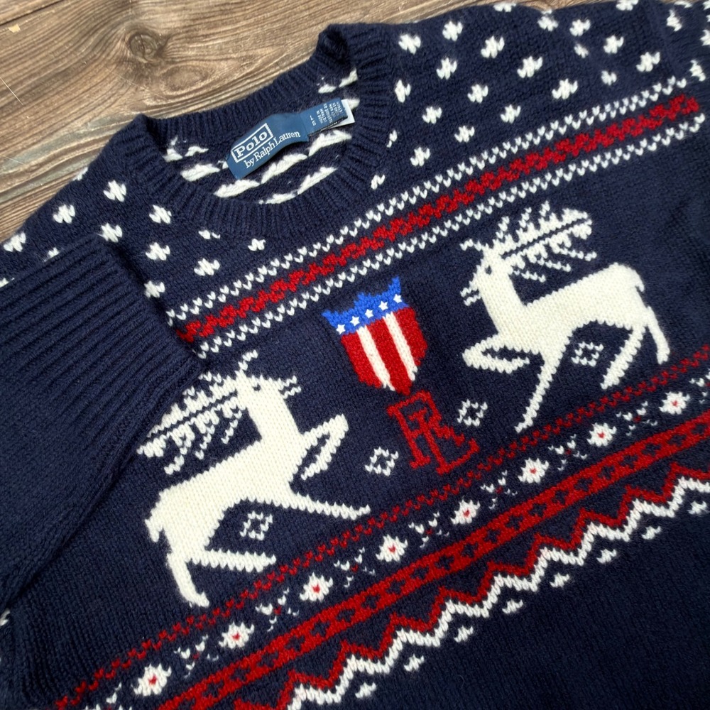 Polo Ralph Lauren Mens Size LARGE Sweater Navy Wool Fair Isle Reindeer Crest